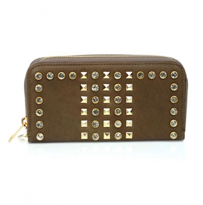 Modern Double Zipper Entry Wallet w/ Stud And Rhinestone Accent